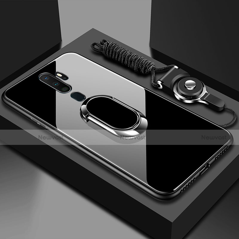 Silicone Frame Mirror Case Cover with Magnetic Finger Ring Stand for Oppo A9 (2020) Black