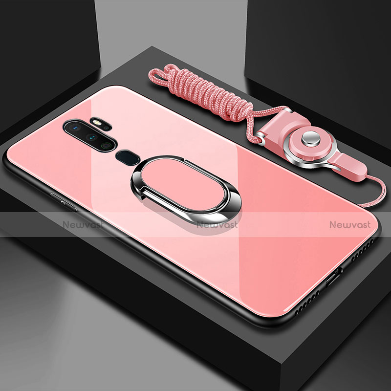 Silicone Frame Mirror Case Cover with Magnetic Finger Ring Stand for Oppo A9 (2020) Pink