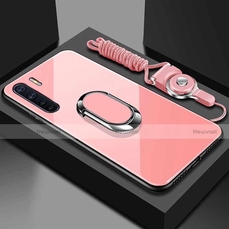 Silicone Frame Mirror Case Cover with Magnetic Finger Ring Stand for Oppo A91 Pink