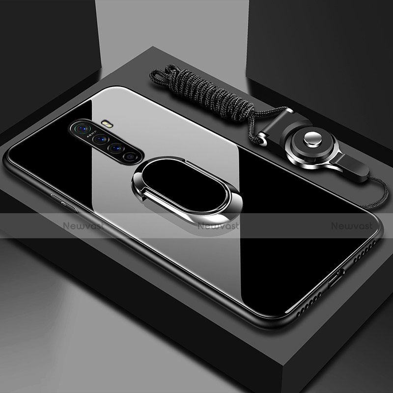 Silicone Frame Mirror Case Cover with Magnetic Finger Ring Stand for Oppo Reno Ace Black