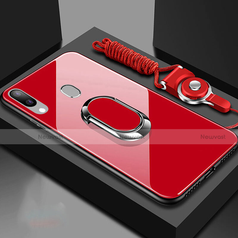 Silicone Frame Mirror Case Cover with Magnetic Finger Ring Stand for Samsung Galaxy A40 Red