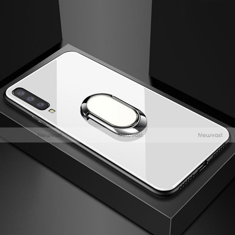 Silicone Frame Mirror Case Cover with Magnetic Finger Ring Stand for Samsung Galaxy A70 White