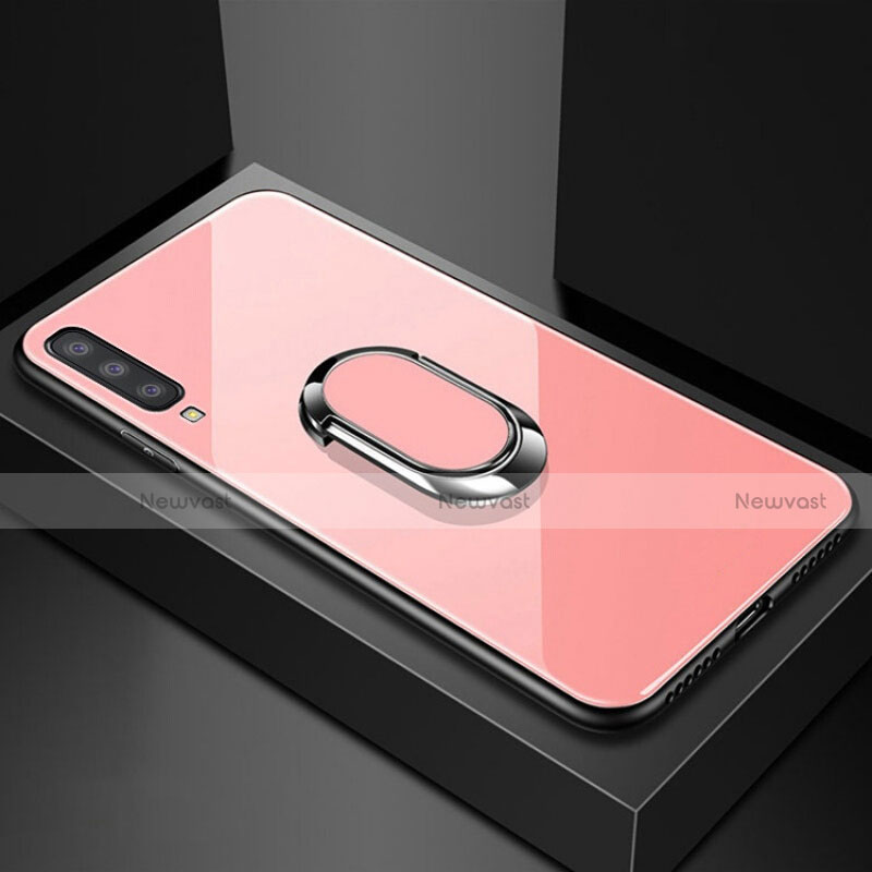 Silicone Frame Mirror Case Cover with Magnetic Finger Ring Stand for Samsung Galaxy A90 5G Rose Gold