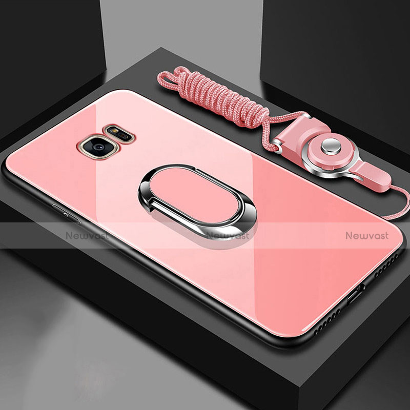 Silicone Frame Mirror Case Cover with Magnetic Finger Ring Stand for Samsung Galaxy S7 Edge G935F Rose Gold