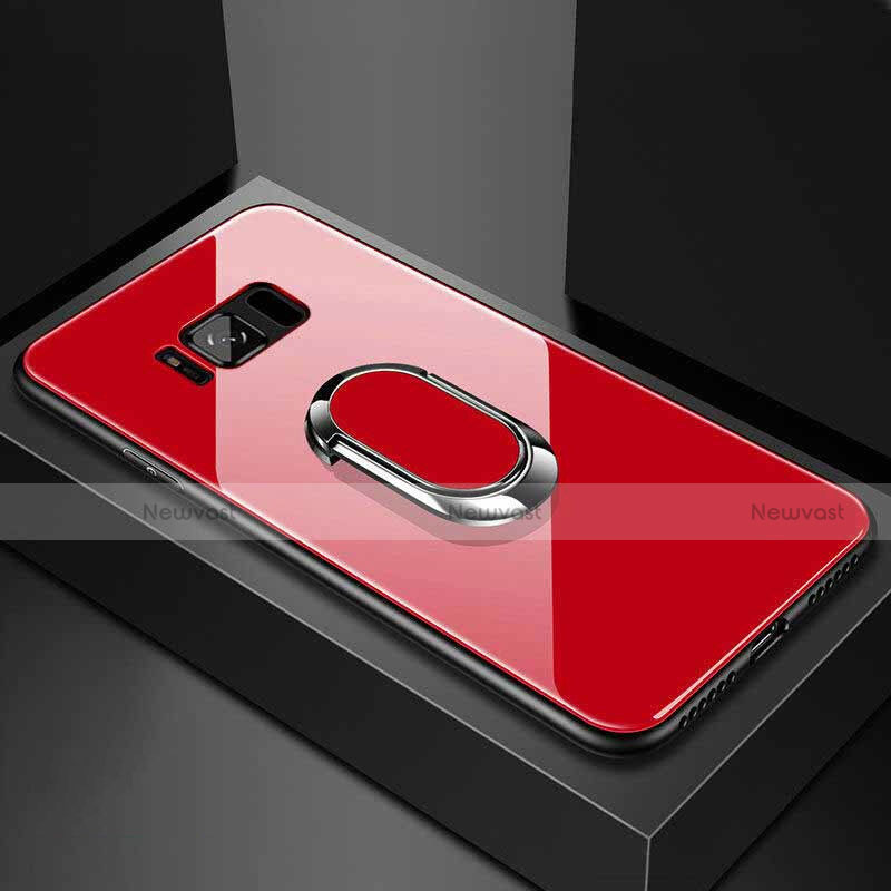 Silicone Frame Mirror Case Cover with Magnetic Finger Ring Stand for Samsung Galaxy S8 Plus Red