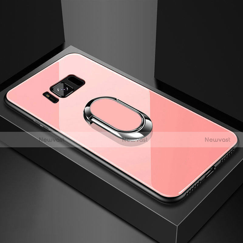Silicone Frame Mirror Case Cover with Magnetic Finger Ring Stand for Samsung Galaxy S8 Plus Rose Gold