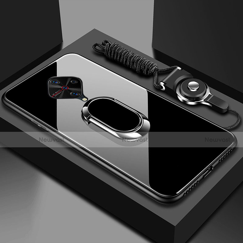 Silicone Frame Mirror Case Cover with Magnetic Finger Ring Stand for Vivo S1 Pro Black