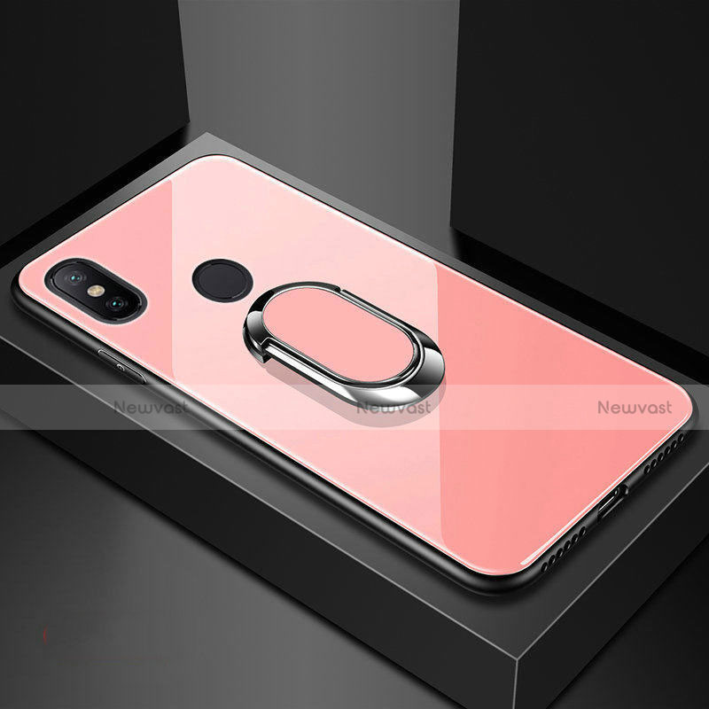 Silicone Frame Mirror Case Cover with Magnetic Finger Ring Stand for Xiaomi Mi 8 Rose Gold