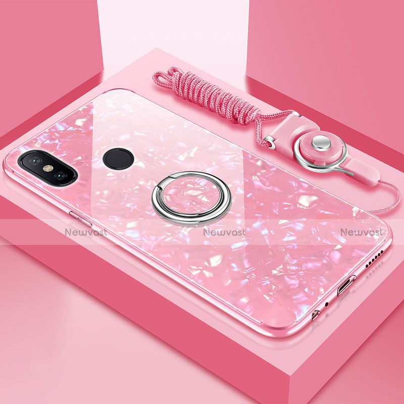Silicone Frame Mirror Case Cover with Magnetic Finger Ring Stand for Xiaomi Mi A2 Lite Pink