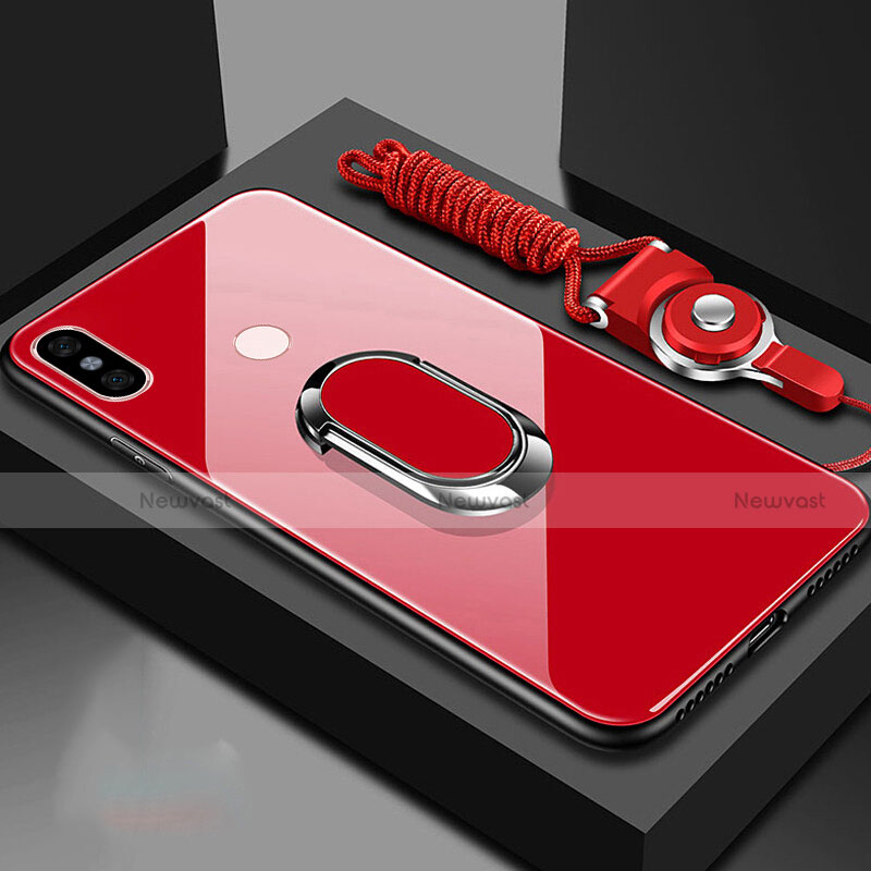 Silicone Frame Mirror Case Cover with Magnetic Finger Ring Stand for Xiaomi Mi A2 Red