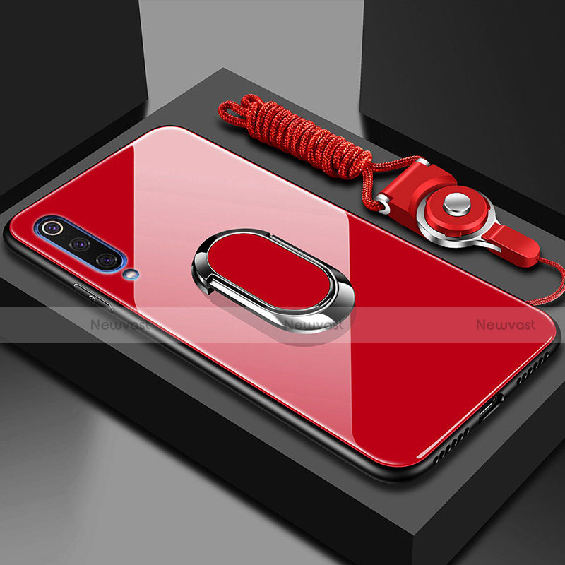 Silicone Frame Mirror Case Cover with Magnetic Finger Ring Stand for Xiaomi Mi A3 Red
