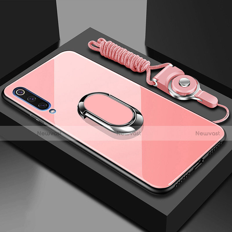 Silicone Frame Mirror Case Cover with Magnetic Finger Ring Stand for Xiaomi Mi A3 Rose Gold