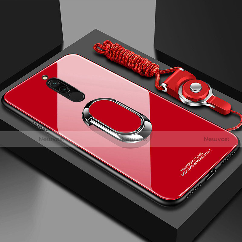 Silicone Frame Mirror Case Cover with Magnetic Finger Ring Stand for Xiaomi Redmi 8 Red