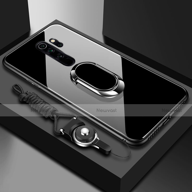 Silicone Frame Mirror Case Cover with Magnetic Finger Ring Stand for Xiaomi Redmi Note 8 Pro Black