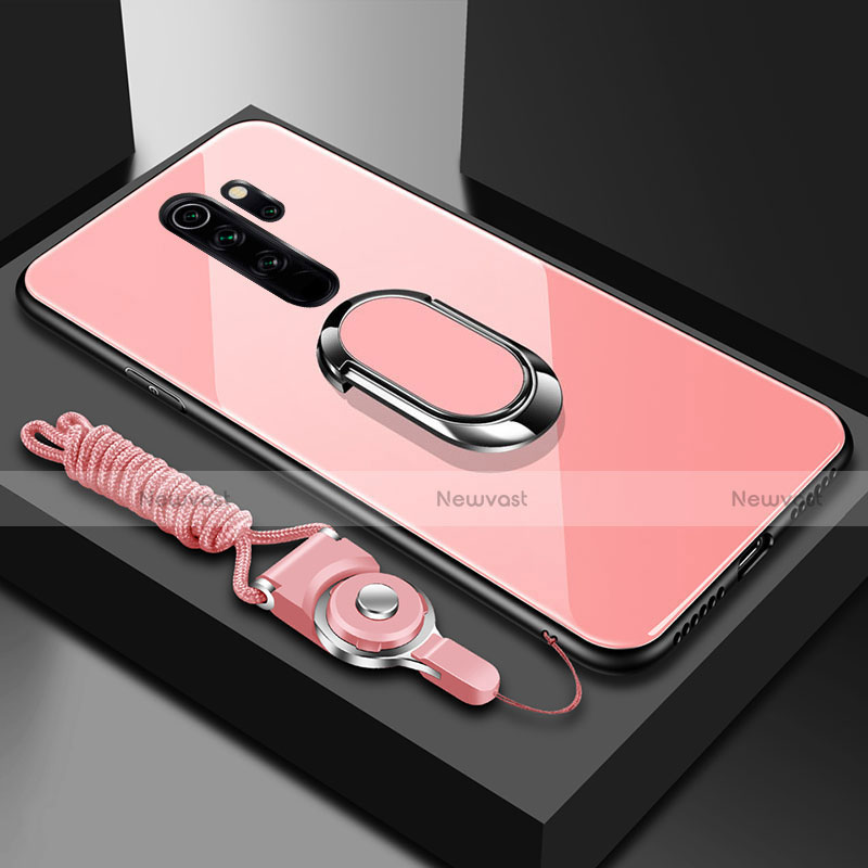 Silicone Frame Mirror Case Cover with Magnetic Finger Ring Stand for Xiaomi Redmi Note 8 Pro Rose Gold
