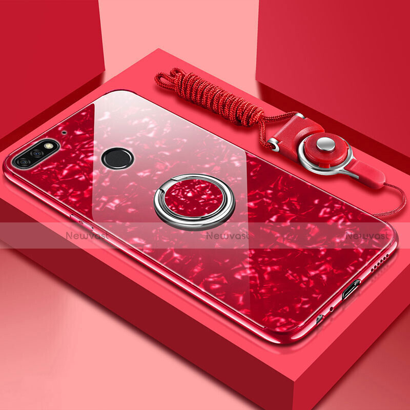 Silicone Frame Mirror Case Cover with Magnetic Finger Ring Stand M01 for Huawei Y6 (2018) Red