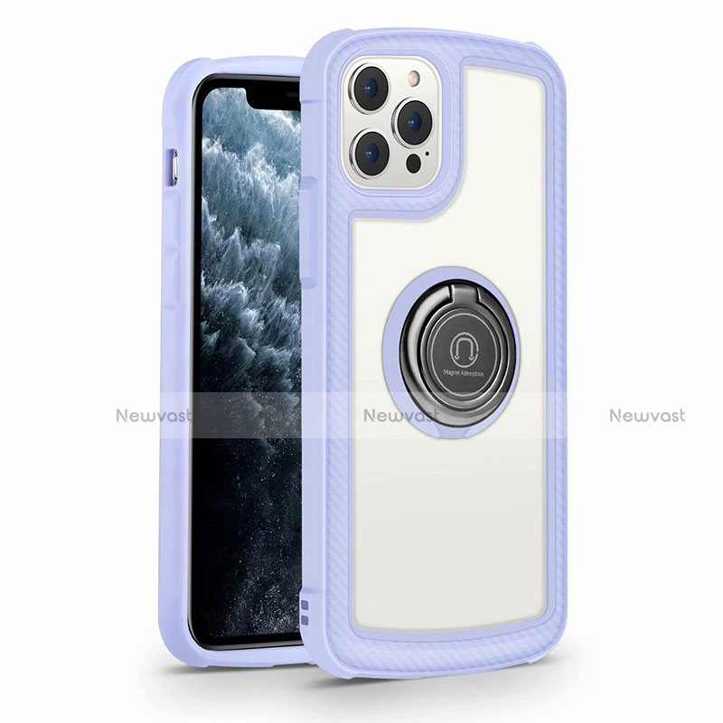 Silicone Frame Mirror Case Cover with Magnetic Finger Ring Stand N01 for Apple iPhone 12 Pro Clove Purple