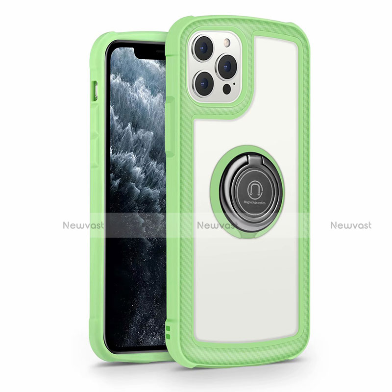 Silicone Frame Mirror Case Cover with Magnetic Finger Ring Stand N01 for Apple iPhone 12 Pro Matcha Green