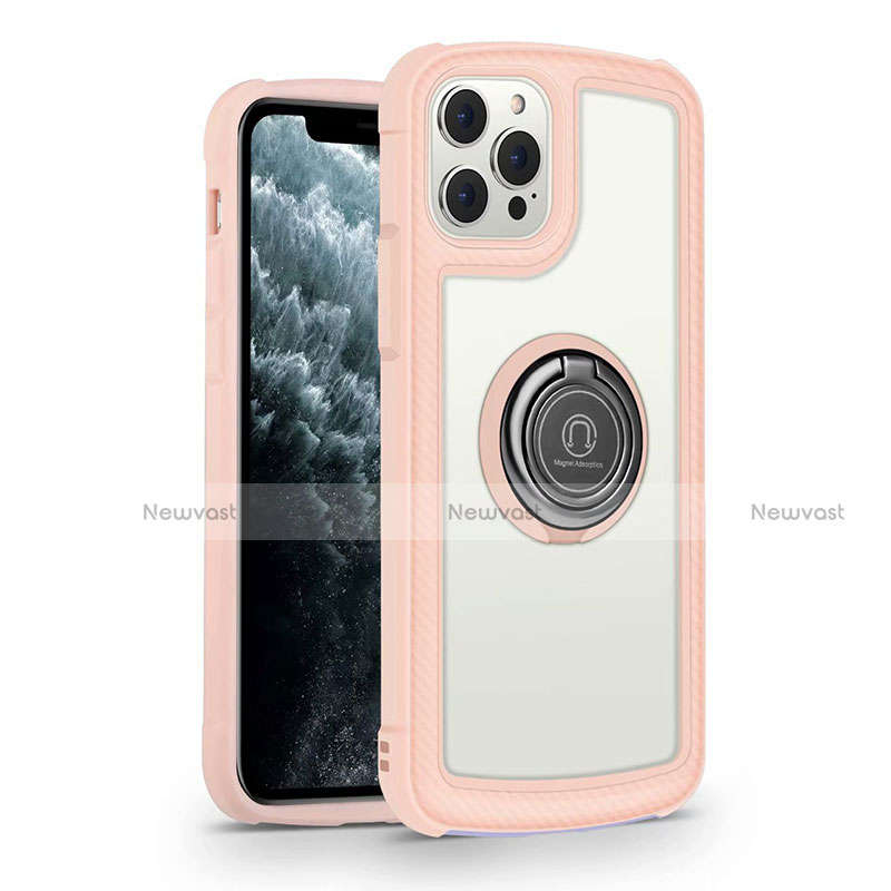 Silicone Frame Mirror Case Cover with Magnetic Finger Ring Stand N01 for Apple iPhone 12 Pro Pink