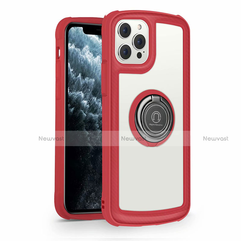 Silicone Frame Mirror Case Cover with Magnetic Finger Ring Stand N01 for Apple iPhone 12 Pro Red