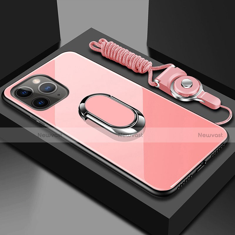 Silicone Frame Mirror Case Cover with Magnetic Finger Ring Stand T01 for Apple iPhone 11 Pro Max Pink
