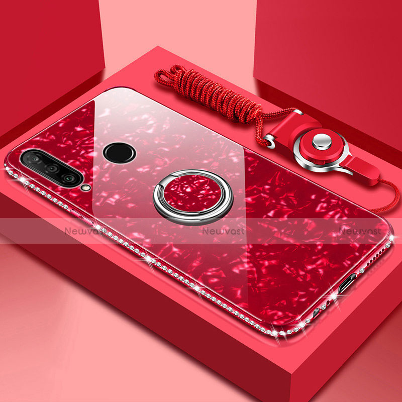 Silicone Frame Mirror Case Cover with Magnetic Finger Ring Stand T01 for Huawei Honor 20 Lite Red