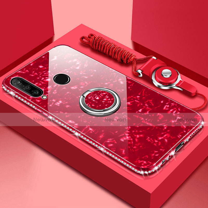 Silicone Frame Mirror Case Cover with Magnetic Finger Ring Stand T01 for Huawei Honor 20i Red