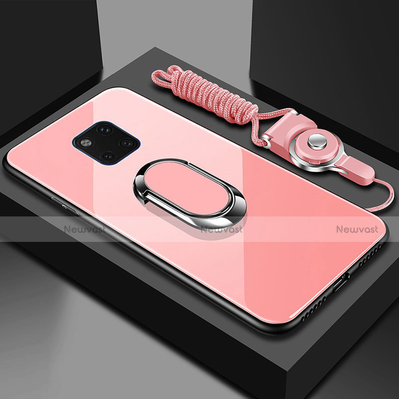 Silicone Frame Mirror Case Cover with Magnetic Finger Ring Stand T01 for Huawei Mate 20 Pro Pink