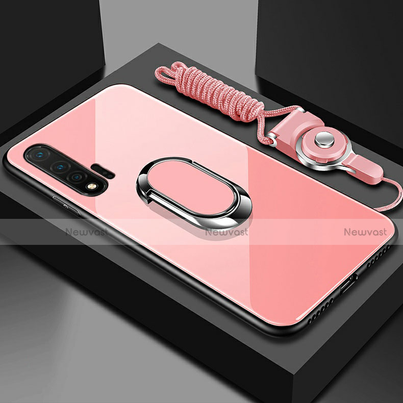Silicone Frame Mirror Case Cover with Magnetic Finger Ring Stand T01 for Huawei Nova 6 5G Pink
