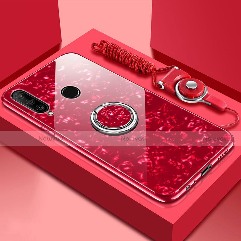 Silicone Frame Mirror Case Cover with Magnetic Finger Ring Stand T01 for Huawei P30 Lite New Edition Red
