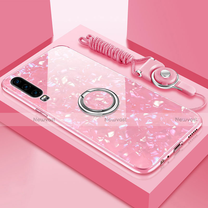 Silicone Frame Mirror Case Cover with Magnetic Finger Ring Stand T01 for Huawei P30 Pink
