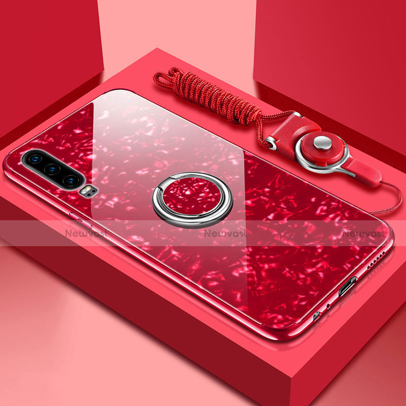 Silicone Frame Mirror Case Cover with Magnetic Finger Ring Stand T01 for Huawei P30 Red