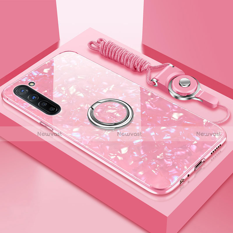 Silicone Frame Mirror Case Cover with Magnetic Finger Ring Stand T01 for Oppo A91 Pink