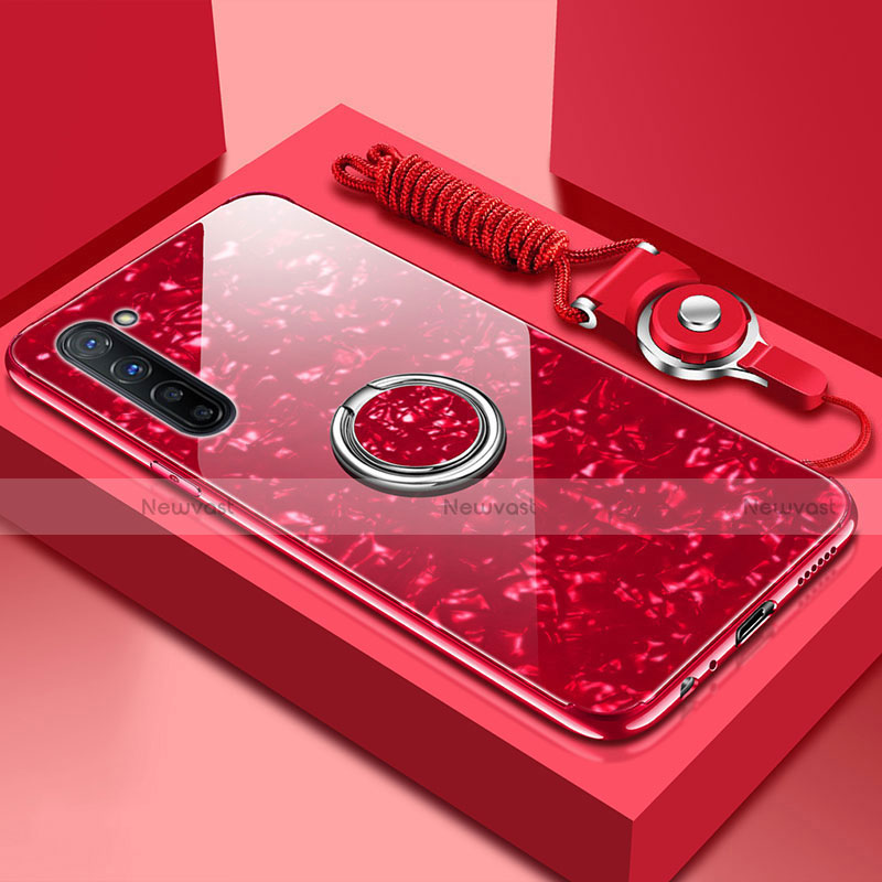 Silicone Frame Mirror Case Cover with Magnetic Finger Ring Stand T01 for Oppo Find X2 Lite Red