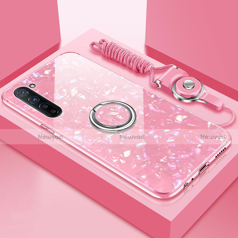 Silicone Frame Mirror Case Cover with Magnetic Finger Ring Stand T01 for Oppo K7 5G Pink