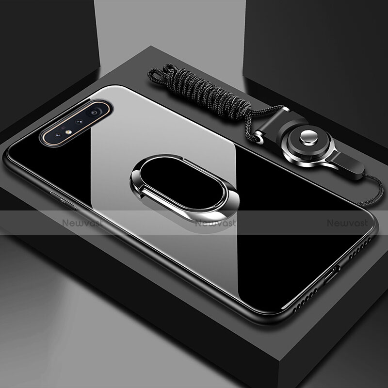 Silicone Frame Mirror Case Cover with Magnetic Finger Ring Stand T01 for Samsung Galaxy A80 Black