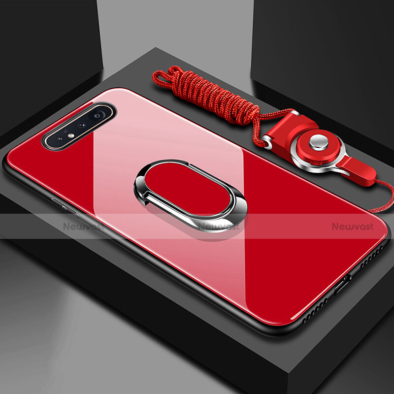 Silicone Frame Mirror Case Cover with Magnetic Finger Ring Stand T01 for Samsung Galaxy A80 Red