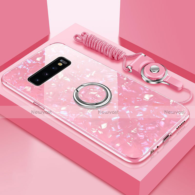 Silicone Frame Mirror Case Cover with Magnetic Finger Ring Stand T01 for Samsung Galaxy S10 Pink