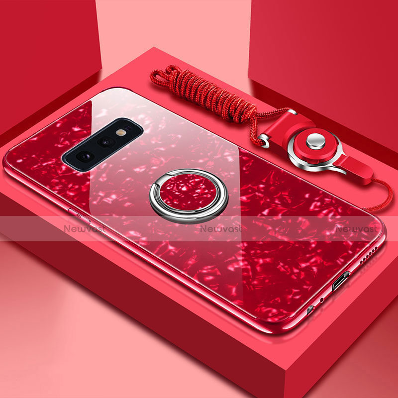 Silicone Frame Mirror Case Cover with Magnetic Finger Ring Stand T01 for Samsung Galaxy S10e Red