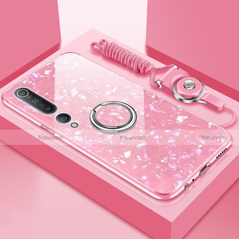 Silicone Frame Mirror Case Cover with Magnetic Finger Ring Stand T01 for Xiaomi Mi 10 Pink