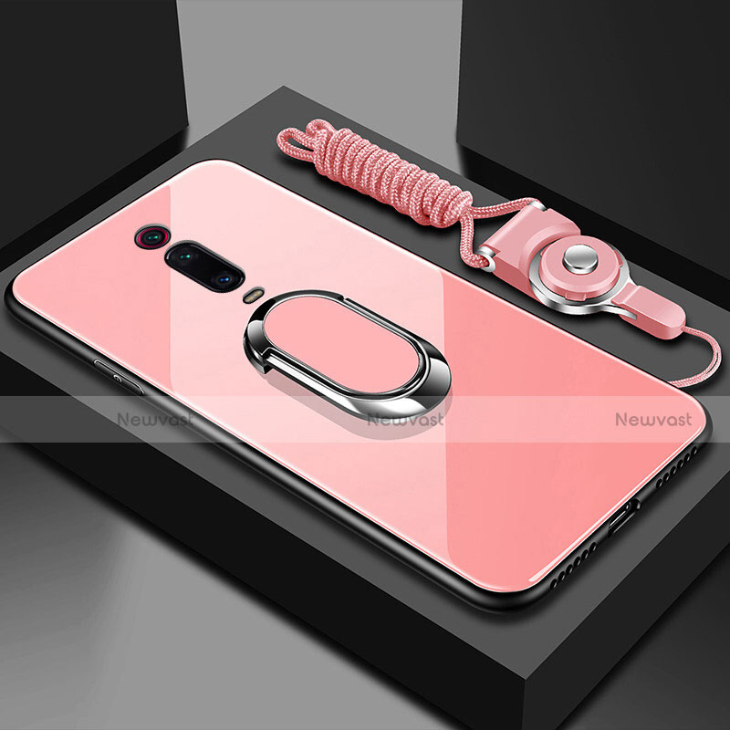 Silicone Frame Mirror Case Cover with Magnetic Finger Ring Stand T01 for Xiaomi Mi 9T Pink