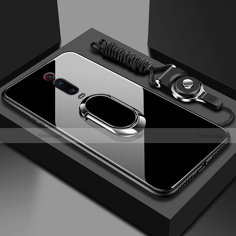 Silicone Frame Mirror Case Cover with Magnetic Finger Ring Stand T01 for Xiaomi Mi 9T Pro Black