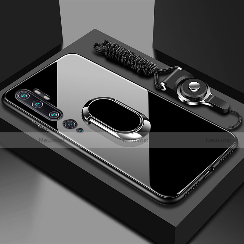 Silicone Frame Mirror Case Cover with Magnetic Finger Ring Stand T01 for Xiaomi Mi Note 10 Black
