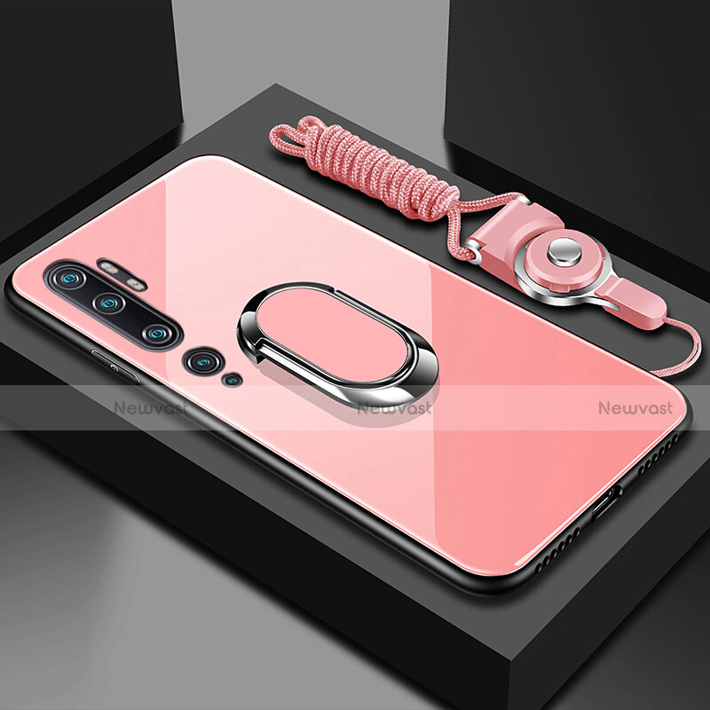 Silicone Frame Mirror Case Cover with Magnetic Finger Ring Stand T01 for Xiaomi Mi Note 10 Pink