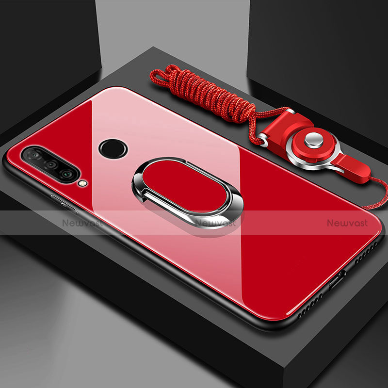 Silicone Frame Mirror Case Cover with Magnetic Finger Ring Stand T02 for Huawei Honor 20 Lite Red