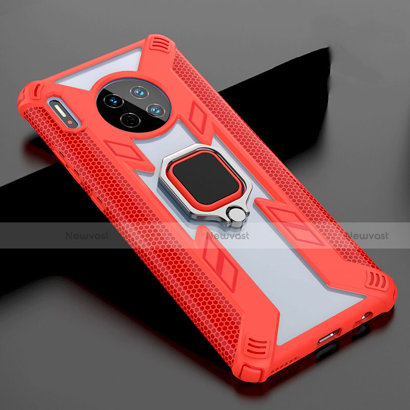 Silicone Frame Mirror Case Cover with Magnetic Finger Ring Stand T02 for Huawei Mate 30 5G Red
