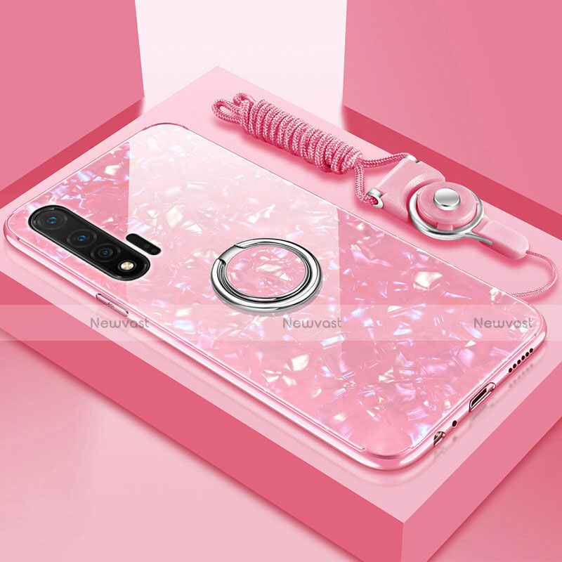 Silicone Frame Mirror Case Cover with Magnetic Finger Ring Stand T02 for Huawei Nova 6 5G Pink