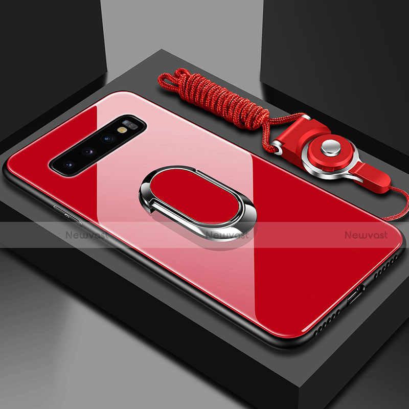 Silicone Frame Mirror Case Cover with Magnetic Finger Ring Stand T02 for Samsung Galaxy S10 Plus Red