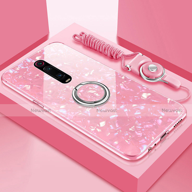 Silicone Frame Mirror Case Cover with Magnetic Finger Ring Stand T02 for Xiaomi Mi 9T Pink