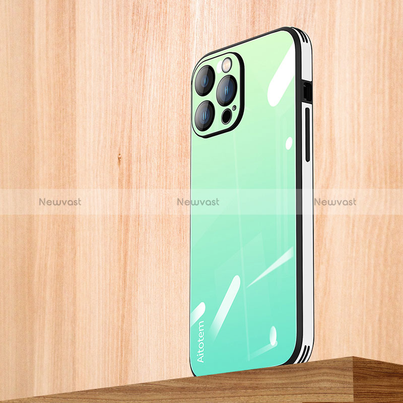 Silicone Frame Mirror Rainbow Gradient Case Cover AT1 for Apple iPhone 14 Pro Max Matcha Green